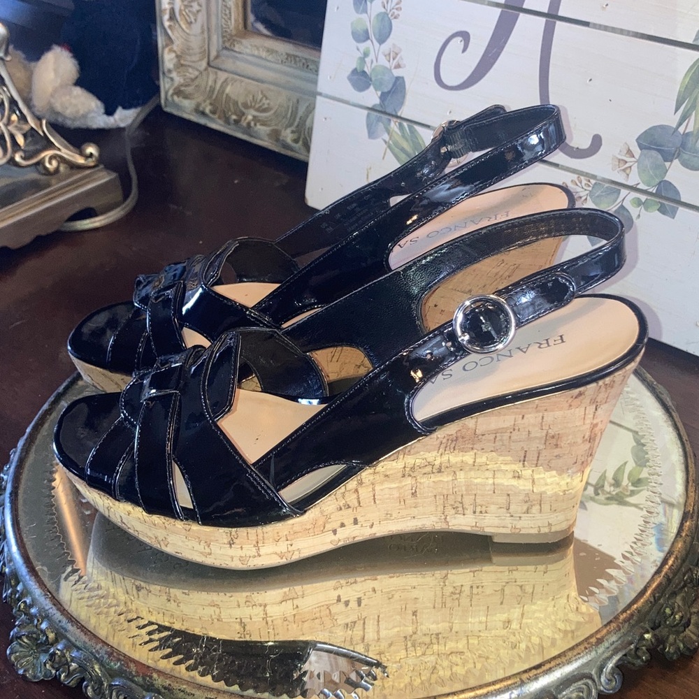 Franco Sarto Black Patent Sling back Cork Wedge Sandals Size 7 M